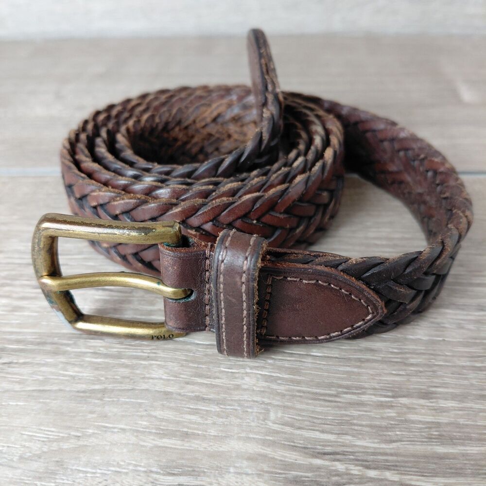 Polo Ralph Lauren Brown Woven Braided Leather Belt Brass Buckle Mens Size 38